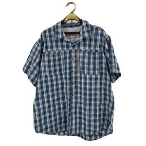 Haband Travelers Button Up Shirt Mens XL Blue  Short Sleeve Plaid Casuals. 